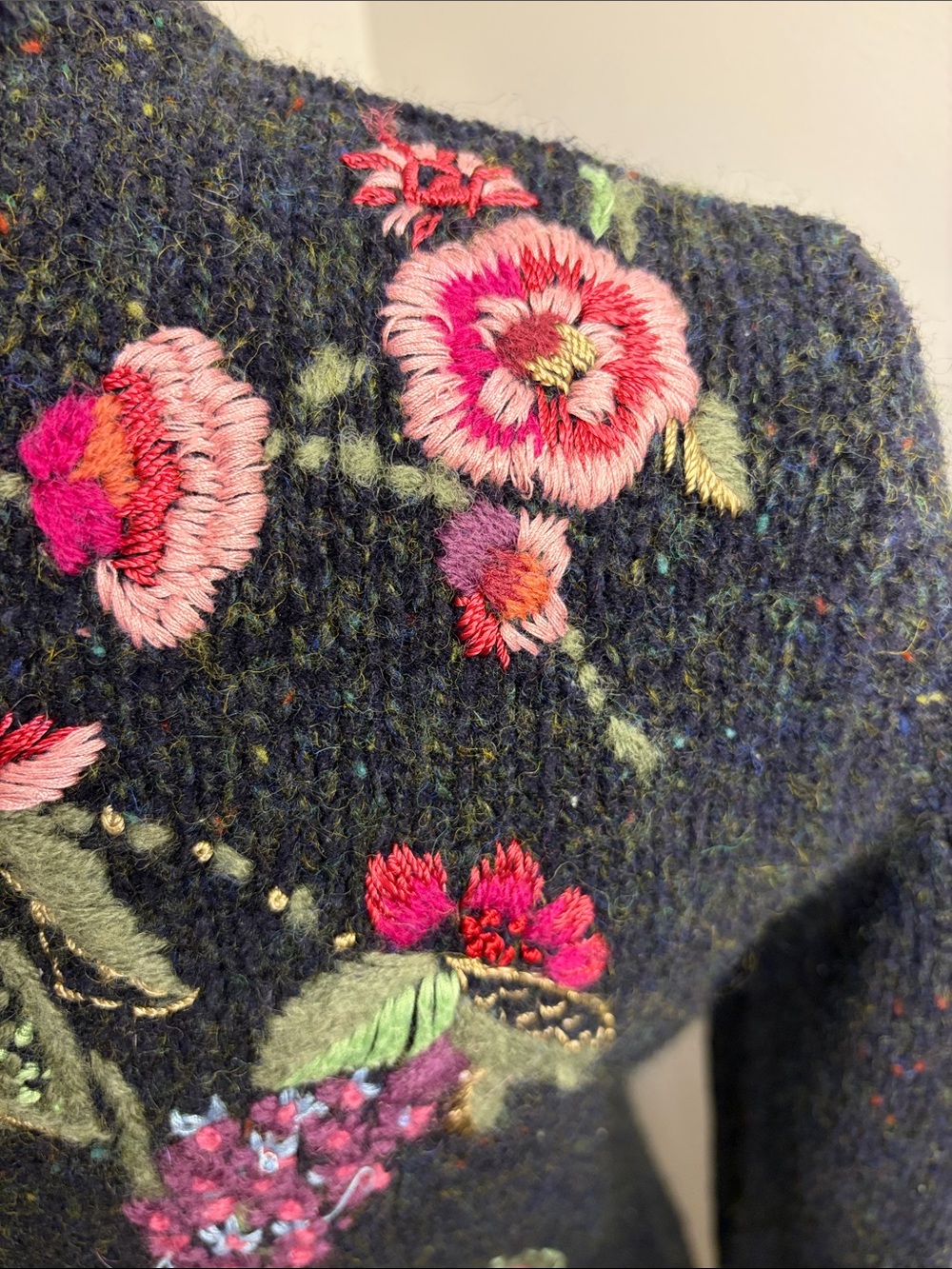SUSAN BRISTOL LTD. Charcoal Hand Embroidered Floral Wool Blend Cardigan SIZE S - Picture 9 of 16